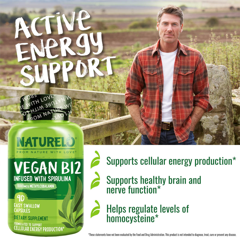 NATURELO Vegan B12 - Methylcobalamin, 90 Capsules, 2 Pack | Organic Spirulina, Methyl B12 1000 mcg, Supports Healthy Mood, Energy, Heart & Eye Health, Vitamin B12 1000 mcg Unflavored 90 Count (Pack of 2)