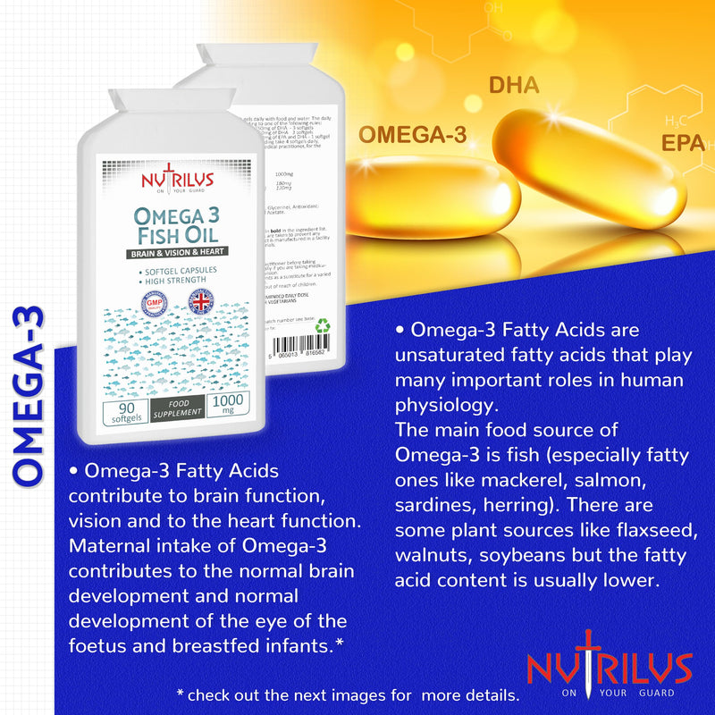 Omega-3 Fish Oil 90 Softgel Capsules 1000mg - High Strength Omega 3 - Brain & Vision & Heart Health - UK Made Supplement