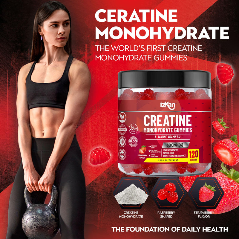 Creatine Gummies 5000mg (5G) for Men & Women - 120 Chewable Creatine Monohydrate Gummies Strawberry Flavoured | Pre Workout Gym Supplement| Muscle Boost| 4 Per Day - Vegan & Halal (1X) 1x 120 count (Pack of 1)