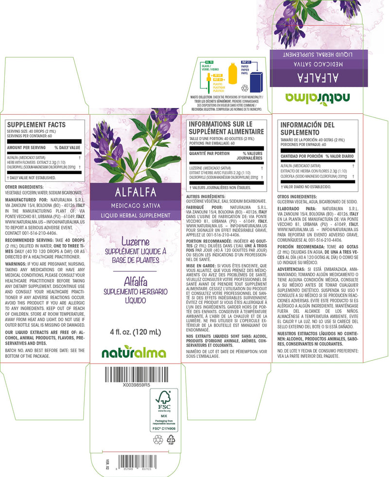 [Australia] - Naturalma Alfalfa or Lucerne (Medicago sativa) herb with flowers Alcohol-free Tincture - Rich in natural chlorophyll - 4 fl oz Liquid extract in drops - Herbal supplement - Vegan 4 Fl Oz (Pack of 1) 