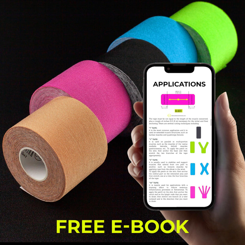 Kalahari 6 Rolls Kinesiology Tape + eBook Applications, Physio Kt Tape with high Adhesion and Water & Sweat Resistant, Kinesio Taping for Sports Injury, Support, Muscle Rehabilitation, 5 m x 5