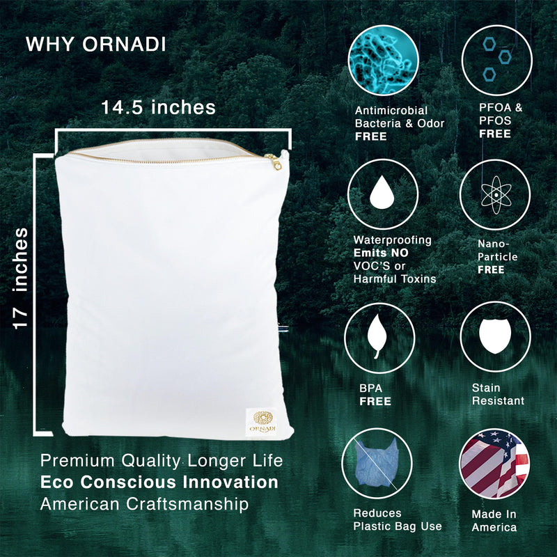 Antimicrobial Wet Swimsuit Bag Waterproof Odor & Mildew Control | White & gold, 2-layer, stain-resistant, inhibits odor-causing bacteria, machine wash, for swim, gym, spa & travel laundry
