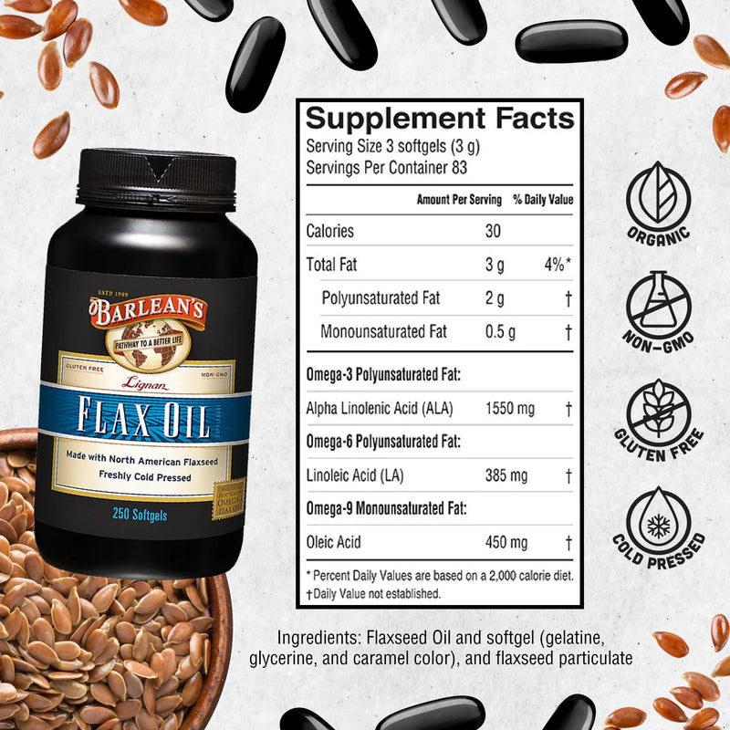 [Australia] - Barlean's Lignan Flaxseed Oil Softgels, Cold-Pressed Flax Seed Supplement with 1,550 mg ALA Omega-3 Fatty Acids for Joint & Heart Health, 1000mg, 250 ct 250 Count (Pack of 1) 