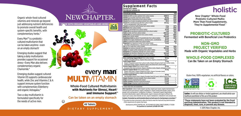 New Chapter Men's Multivitamin, Every Man, Fermented with Probiotics + Selenium + B Vitamins + Vitamin D3 + Organic Non-GMO Ingredients - 48 ct (Packaging May Vary)