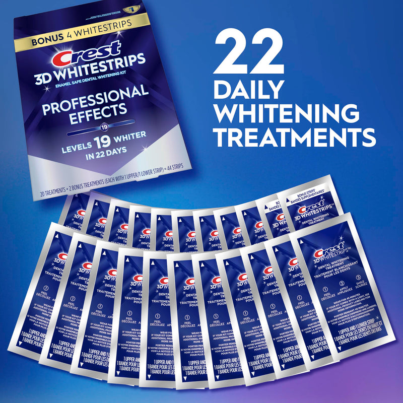 Crest Teeth Whitening Strips, Crest 3D Whitestrips Professional Effects, Enamel Safe Teeth Whitening Kit, 22 Treatments (44 Strips), Professional-Level Whitening, 19 Levels Whiter 44 Count (Pack of 1)