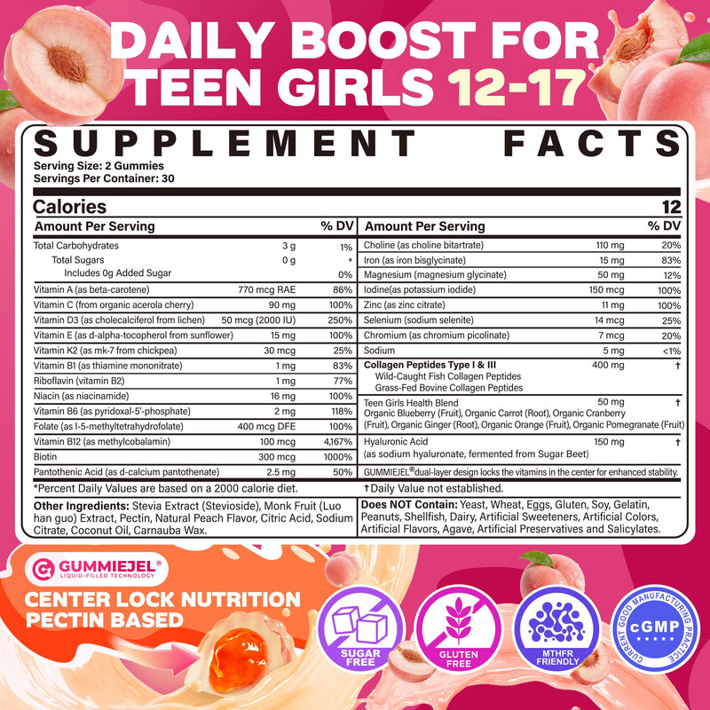 Methylated Multivitamin Gummies for Teen Girls 12-17, Methylfolate, Iron | Collagen, D3 K2, Magnesium, Zinc, Daily Vitamins A C E, B Complex for Teenager Growth, Skin, Bone, Energy - Sugar Free, 60Cts 60 Count (Pack of 1)