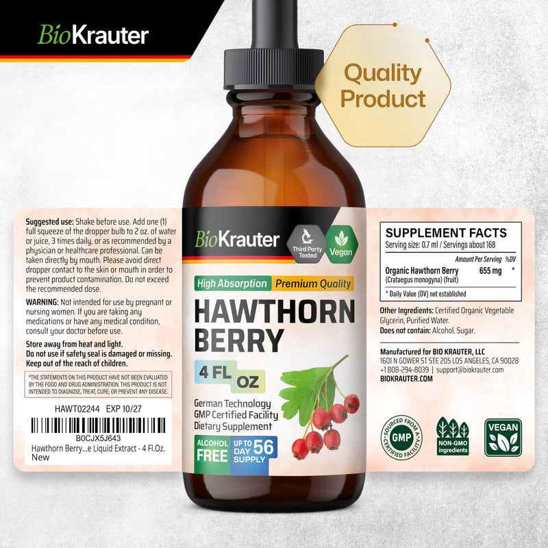 [Australia] - Hawthorn Berry Tincture - Organic Hawthorn Supplement - Nutrient Source - Alcohol and Sugar Free - Vegan Drops 4 Fl.Oz. 4 Fl Oz (Pack of 1) 