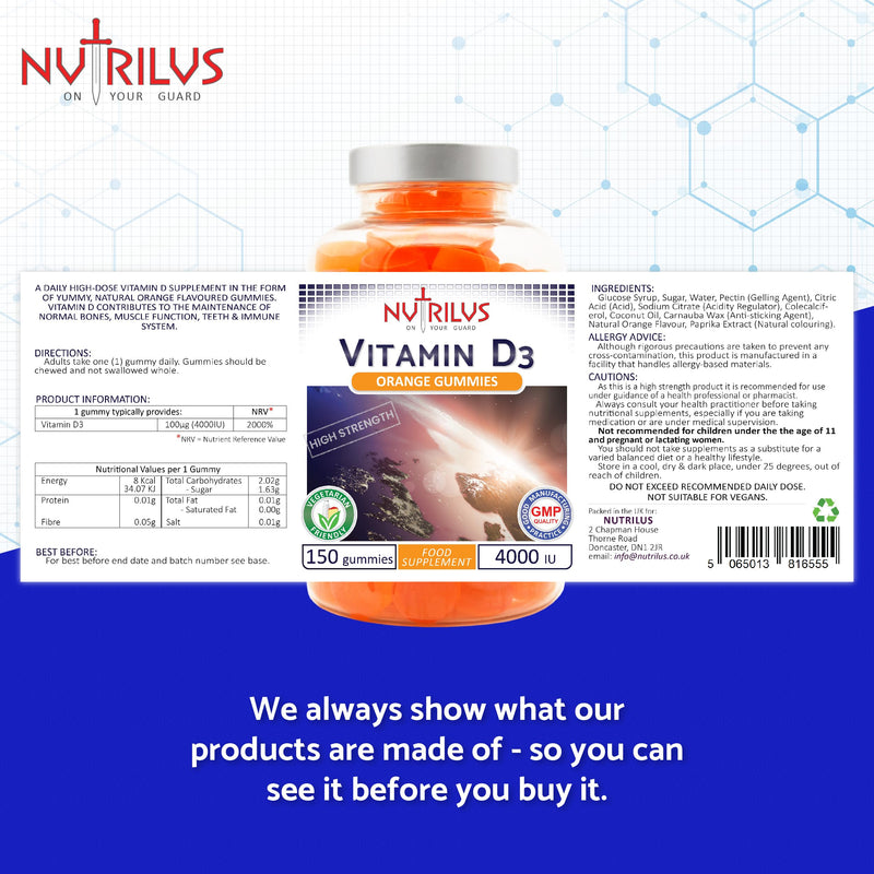 Vitamin D3 4000 IU - 150 Natural Orange Gummies - High Strength 100mcg - GMO-Free - Immune System - Muscles - Bones - Teeth 150 count (Pack of 1)