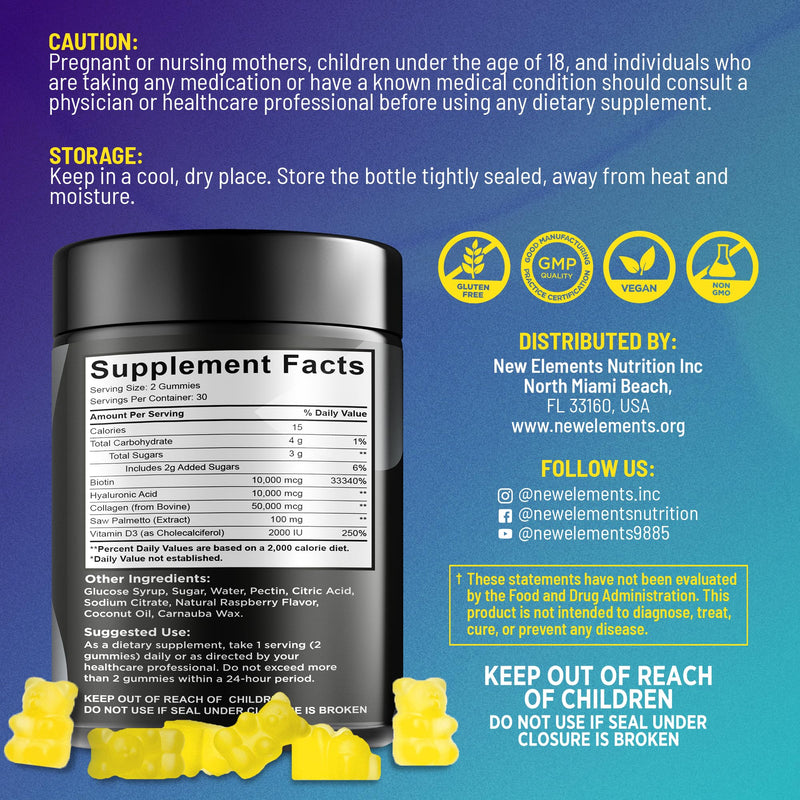 New Elements Biotin Gummies with Collagen Vitamin D3 Saw Palmetto & Hyaluronic Acid for Hair Skin and Nails, Hair Growth Supplement for Men & Women | Non-GMO | Gluten-Free | Natural Pineapple Flavor 60 Count (Pack of 1)