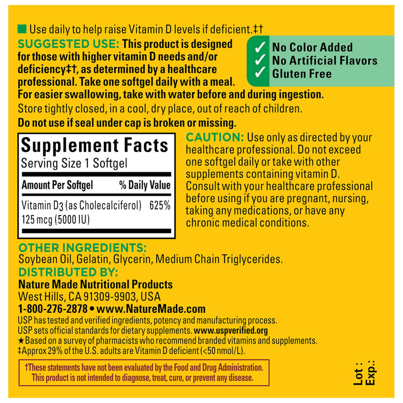 Nature Made Vitamin D3 5000 IU (125 mcg), 180 Vitamin D Softgels | Extra Strength Vitamin D Supplement for Immune, Bone, Teeth and Muscle Health Support, 180 Day Supply 180 Count (Pack of 1)
