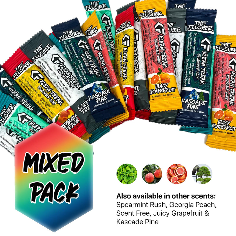 [Australia] - THE KLEAN FREAK FLUSHER - Flushable Wipes For Adults & Kids - 100% BIODEGRADABLE Individual Wrapped Travel WET Wipe for Toilet - Soothing Aloe & Witch Hazel - Alcohol Free 20 Pack - Mixed 