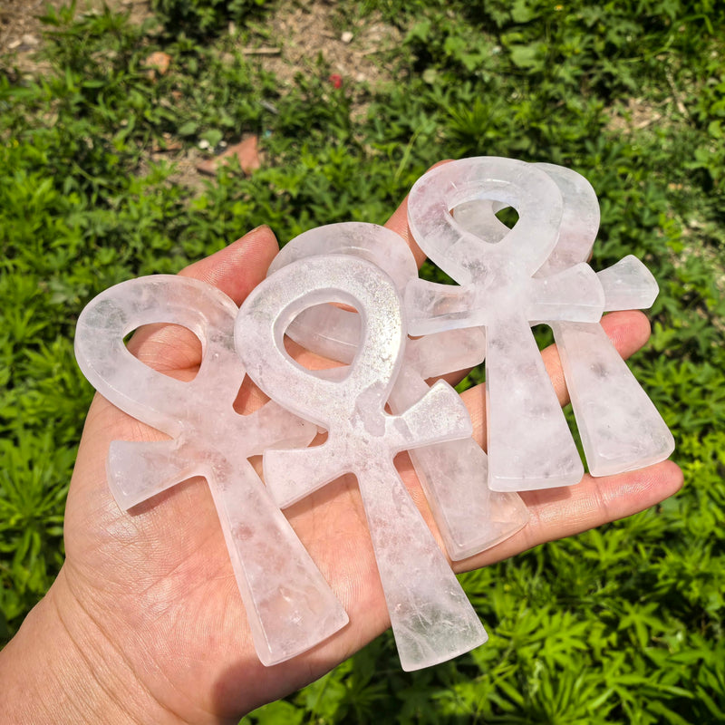 4" Cross Crystal Worry Stones Natural Clear Crystal Ankh Cross Carved Rose Quartz ，Aventurine Crystal Skull Reiki Healing 1pc (Clear Crystal)