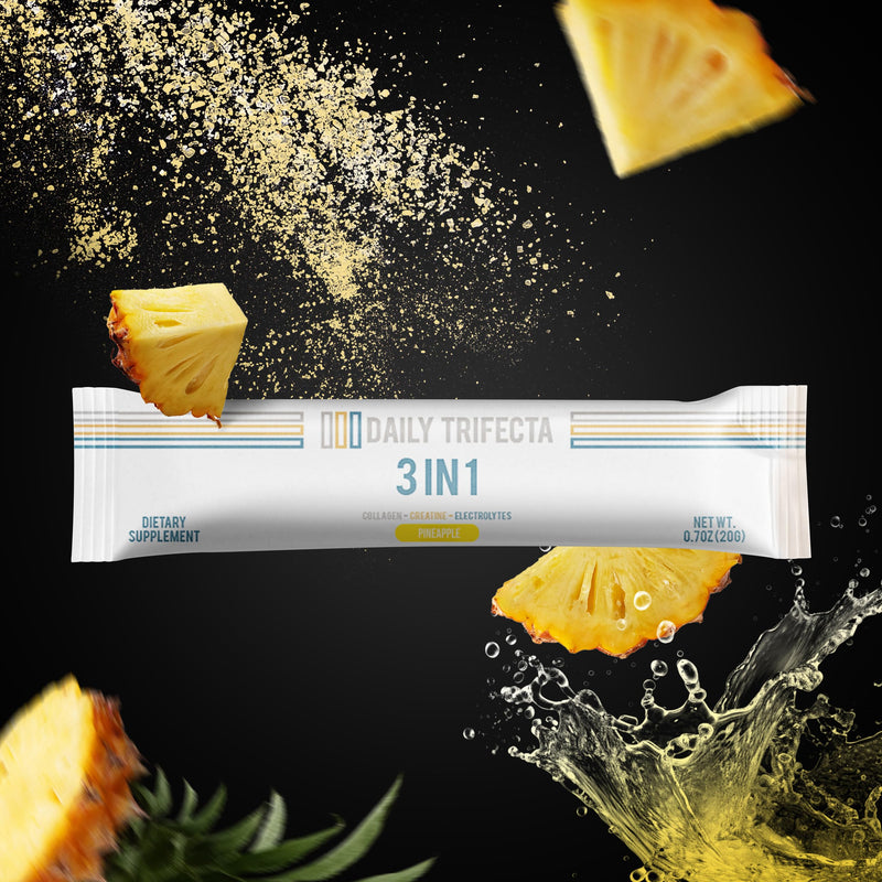 DAILY TRIFECTA 3-in-1 Collagen, Creatine & Electrolyte, Pineapple | Type I Collagen, Creatine Monohydrate, Zero Sugar, 30 Natural Single-Serve Packets, Strength, Hydration & Recovery