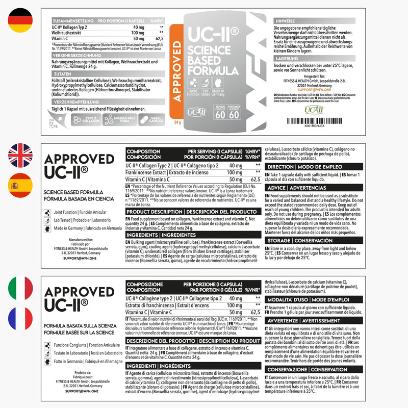WFN Approved UC-II - Type 2 Collagen for Joints - 60 Capsules - 40mg Undenatured Type II Collagen - Complex with UC II Collagen, Vitamin C & Boswellia Serrata - Produced & Tested in Germany