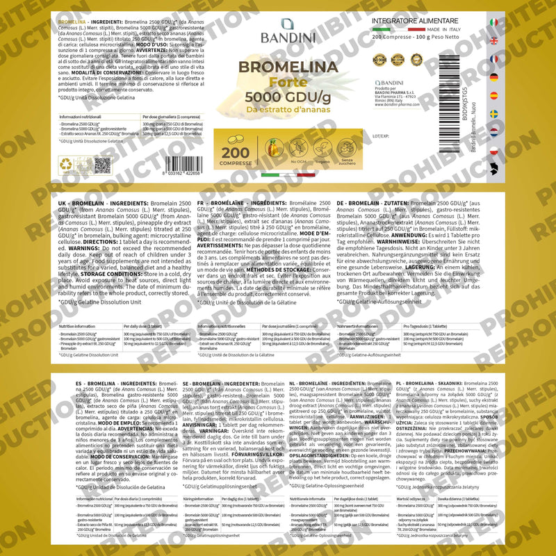 Bandini® Bromelain High Strength 5000 GDU/g per Serving - 200 Gastro-Resistant Tablets - Digestive Enzyme, Strong Bromelain Pure Pineapple Extract, High Dose, Made in Italy, No Additives, 100% Vegan