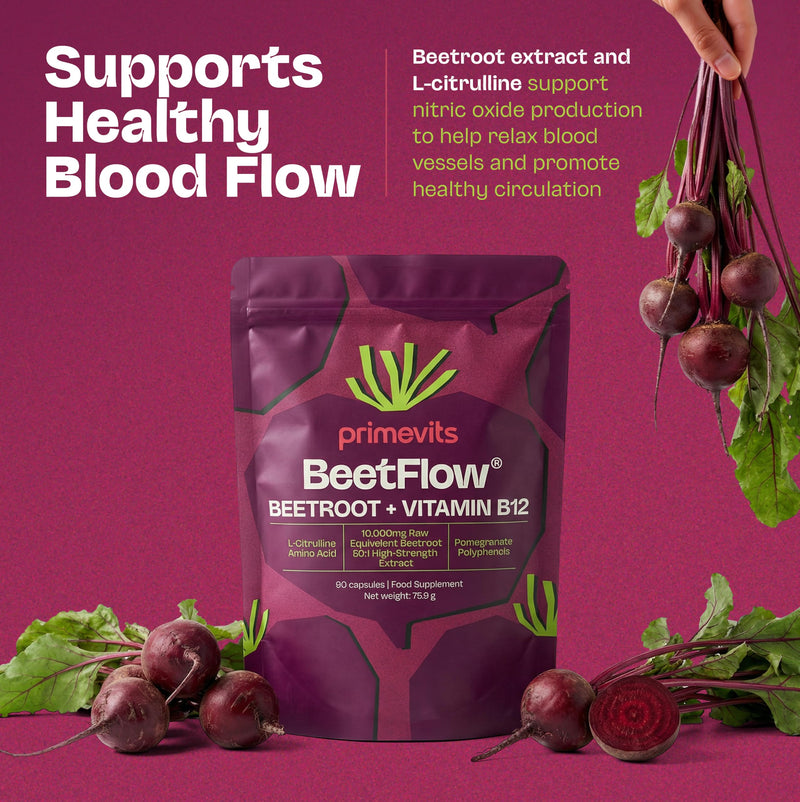Beetroot Capsules with Vitamin B12 – 10,000mg Beetroot Extract 50:1 with L-Citrulline & Pomegranate Polyphenols | Nitric Oxide & Circulation Support | Energy & Endurance | 60 Vegan Capsules