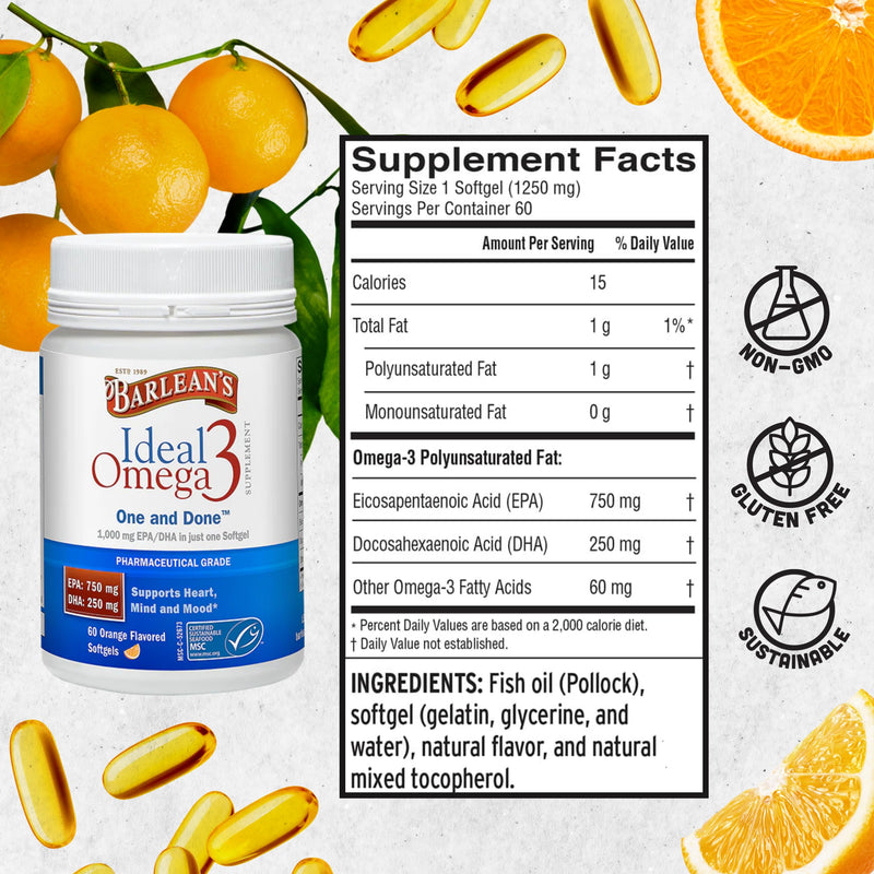 Barlean's Ideal Omega 3 Fish Oil Supplement, 1,000 mg Softgels, Pharmaceutical Grade EPA & DHA for Brain, Joint, & Heart Health, Orange Flavor, 60 ct | Wild-caught fish oil, EPA DHA omega-3, 1 softgel daily, Burpless, Non-GMO, Gluten-free, Heart, brain...