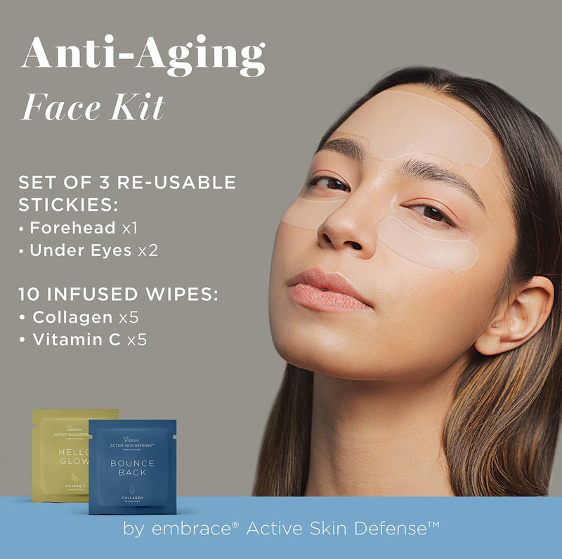 Embrace Active Skin Defense | 10-Day Anti-Aging Kit | Re-Usable Silicone Stickies & Infused Wipes (5 Collagen & 5 Vitamin C) | Anti-Wrinkle, Puffiness, Fine Lines