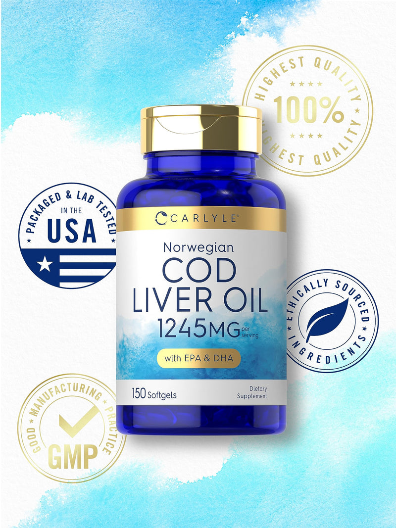 [Australia] - Carlyle Norwegian Cod Liver Oil | with EPA & DHA | 1245mg | 150 Softgels | Liquid Capsules | Non-GMO & Gluten Free Supplement 