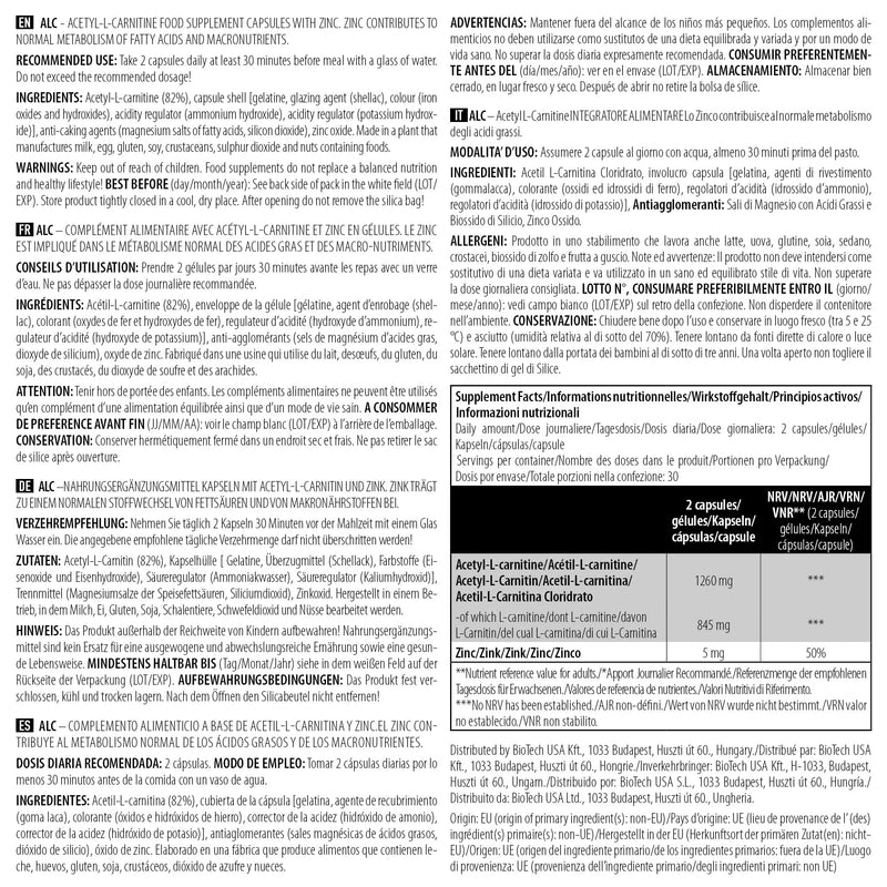 [Australia] - BioTechUSA ALC | Acetyl L-Carnitine HCL | with zinc | Antioxidants formula | Caffeine free | Boost metabolism and energy, 60 capsules 