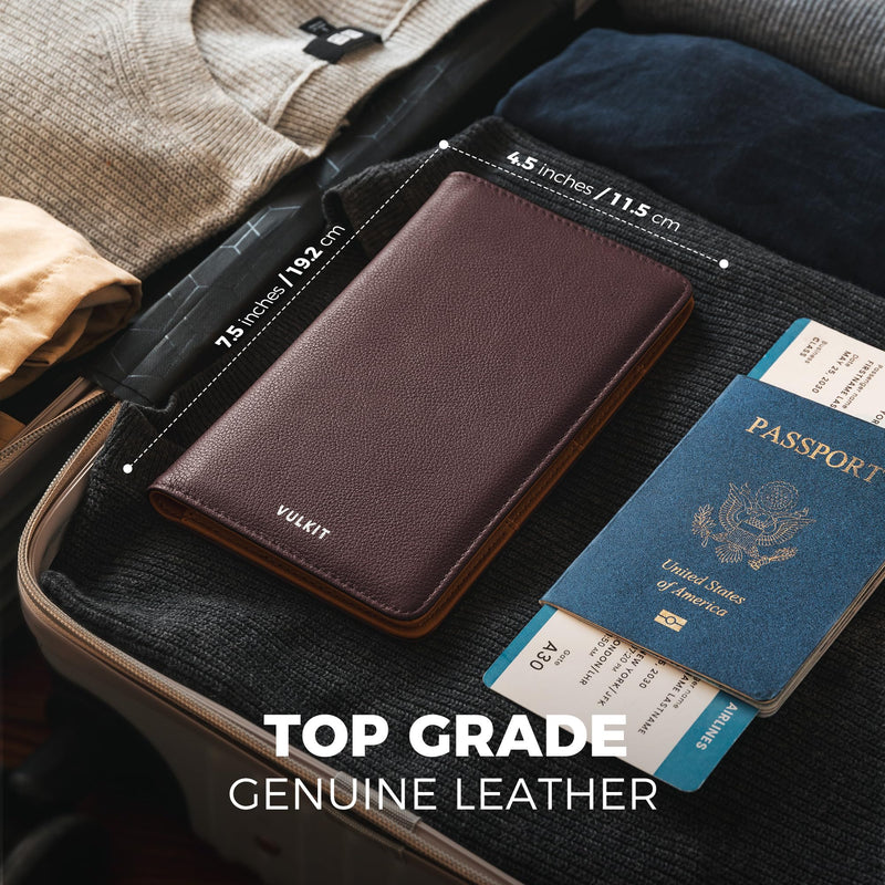 VULKIT Passport Wallet for Travel RFID Blocking Premium Leather | Long Size Travel Wallet for Passport, Cash, Cards, Boarding Pass Top Grain Wine