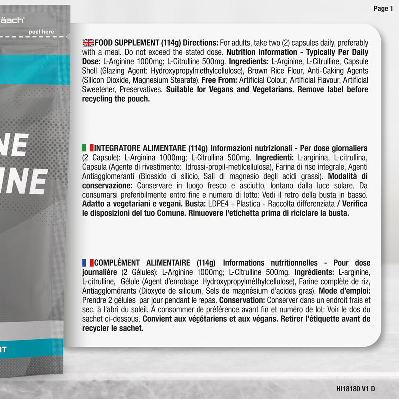 [Australia] - L Arginine Citrulline Capsules High Dose 1500mg | Amino acid complex | 120 vegan capsules | from Horbaach 