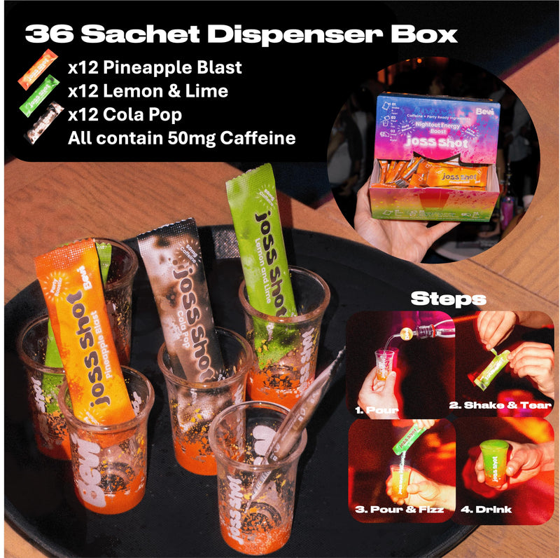 36 Joss Shots Mixed Flavours – Fizzy Sherbet Drink Mix with Caffeine, Taurine, L-Theanine & B-Vitamins – 50 mg Caffeine per Sachet 0.12 g (Pack of 36)
