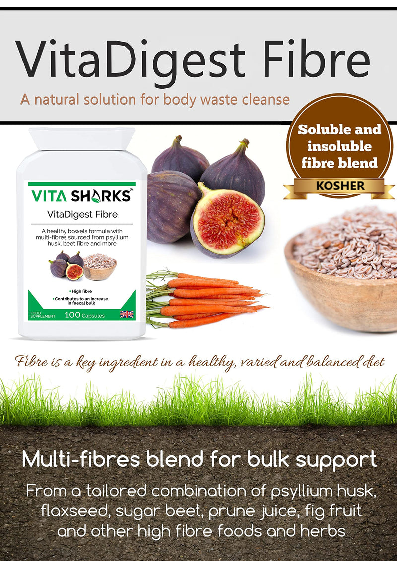 VitaDigest Fibre - Vegan Dietary High Fibre Capsules for Healthy Clear Bowels & Increased Faecal Bulk with Psyllium Husk Fiber, Flaxseed & Beetroot - Kosher Fibre & Bulk