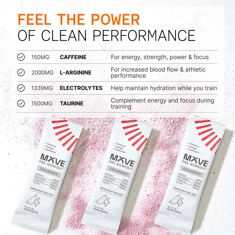 MOVE Pre Workout Powder - Hydration & Endurance Formula for Men & Women - Preworkout Electrolytes Powder with Caffeine, Vitamin C, Taurine & L-Arginine - 15 Servings Watermelon & Sea Salt