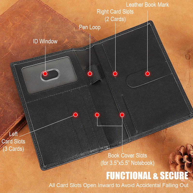 STAR VISTA Luciano Leather Pocket Journal Cover for 3.5" x 5.5" Field Notes or Moleskine Cahier, Travel Passport Wallet with RFID Blocking, 6 Card Slots, 2 Notebooks & Pen Included, Black