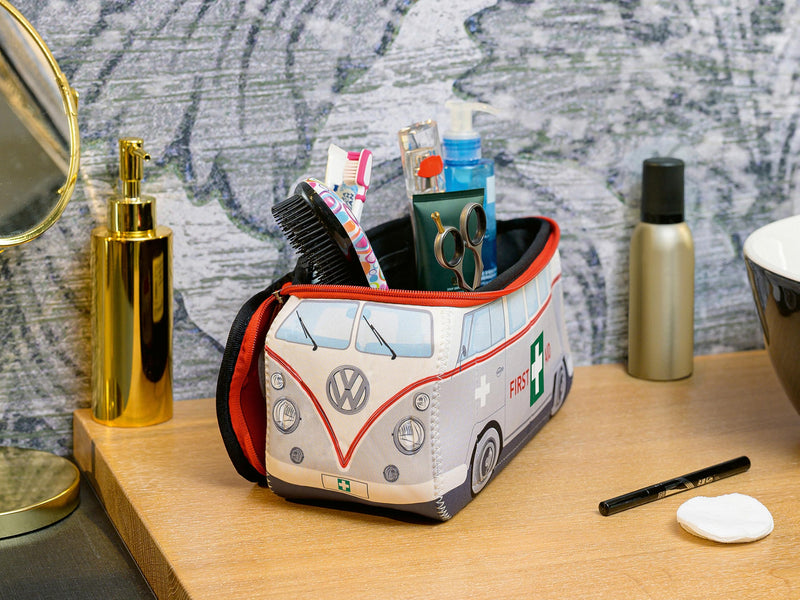 BRISA VW Collection - T1 Bus Camper Toiletry Bag Cosmetic Case Large (30 x 14 x 12 cm) First Aid/Gray