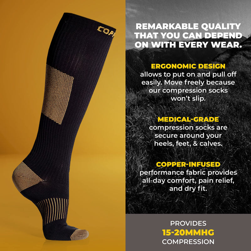 [Australia] - CopperJoint Wide Calf Copper Compression Socks for Women & Men - Diabetic Sock, Improves Circulation, Reduces Swelling & Pain - For Nurses, Running, & Everyday Use - Copper Infused Nylon (Large) Large Black 