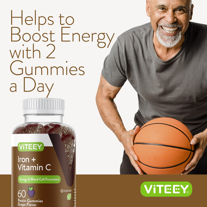 [Australia] - Iron Gummies 20mg + Vitamin C 26mg for Iron Deficiency and Anemia, Supports Energy, Blood Cell Formulation, Blood Builder, Vegan Supplements, Gluten Gelatin and GMO Free, Chewable Grape Gummy Chews 60 Count (Pack of 1) 