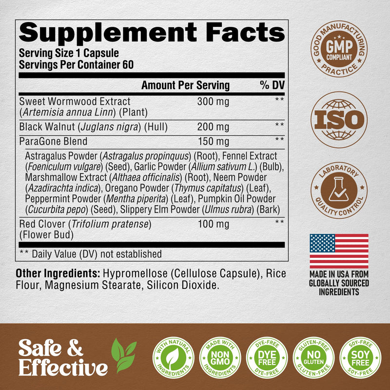 [Australia] - Wormwood, Black Walnut, Clove & Astragalus - ParaGone for Cleanse, Detox, Intestinal & Gut Flora Support - 12 in 1 Complex for Men & Women - Non-GMO, Vegan - Made in USA - 60 Capsules for 2 Months 