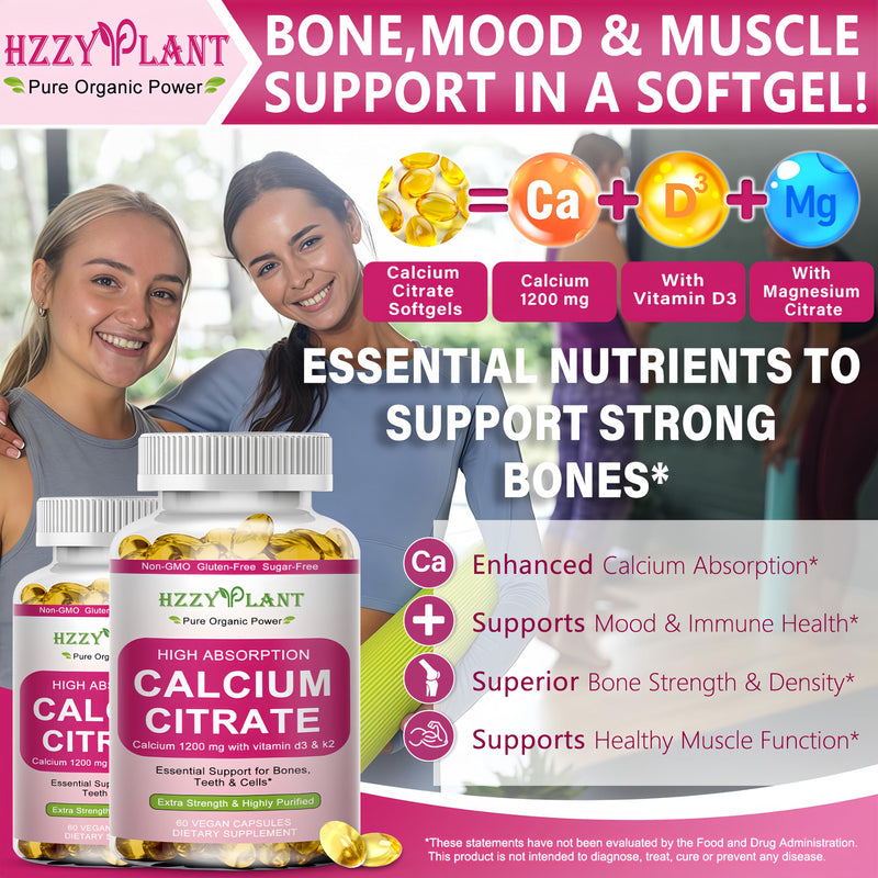 Calcium Supplements for Women Softgels, High Absorption Calcium Citrate Supplement Essential Mineral Calcium 1200 mg with Vitamin D3 Magnesium for Bone Health Support, Non-GMO, 2 Month Supply
