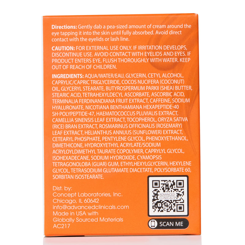 Advanced Clinicals Brightening Vitamin C + Caffeine Eye Cream For Dark Circles Treatment, Dark Spots, & Puffiness, Under Eye Face Moisturizer, 1 Fl Oz Brightening Vitamin C Eye Cream 1 Fl Oz (Pack of 1)