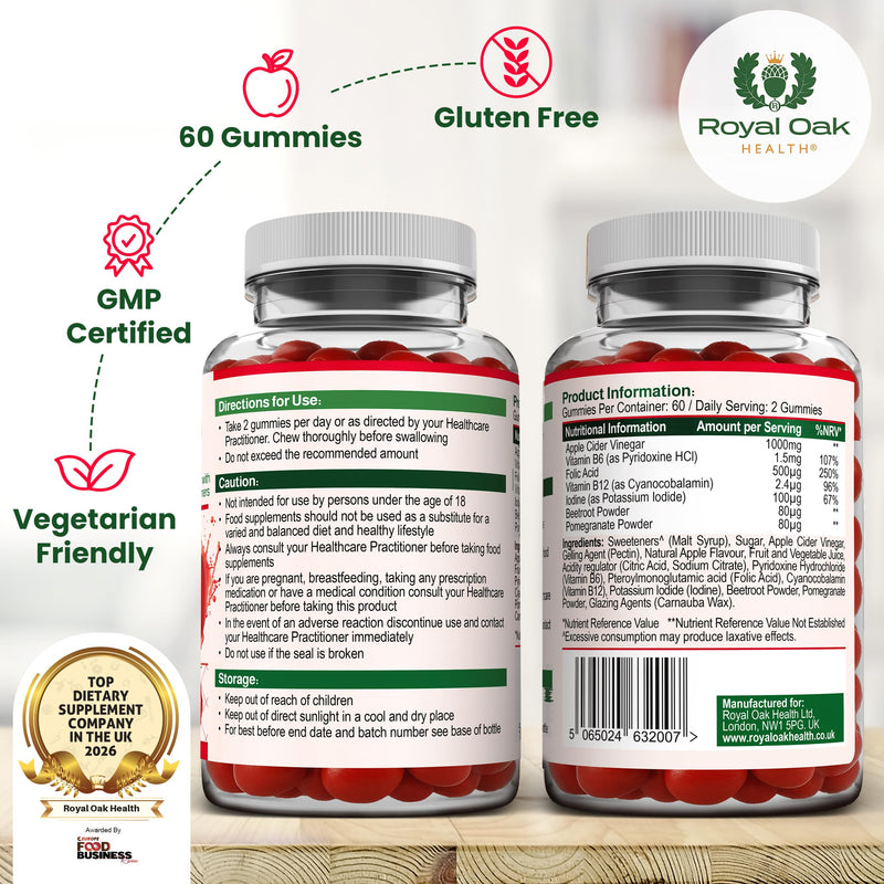 Apple Cider Vinegar 1,000mg ACV Gummies with Vitamin B6, B12, Folic Acid & Iodine | Energy & Metabolism Support | UK Made by Royal Oak Health Apple Cider Gummies