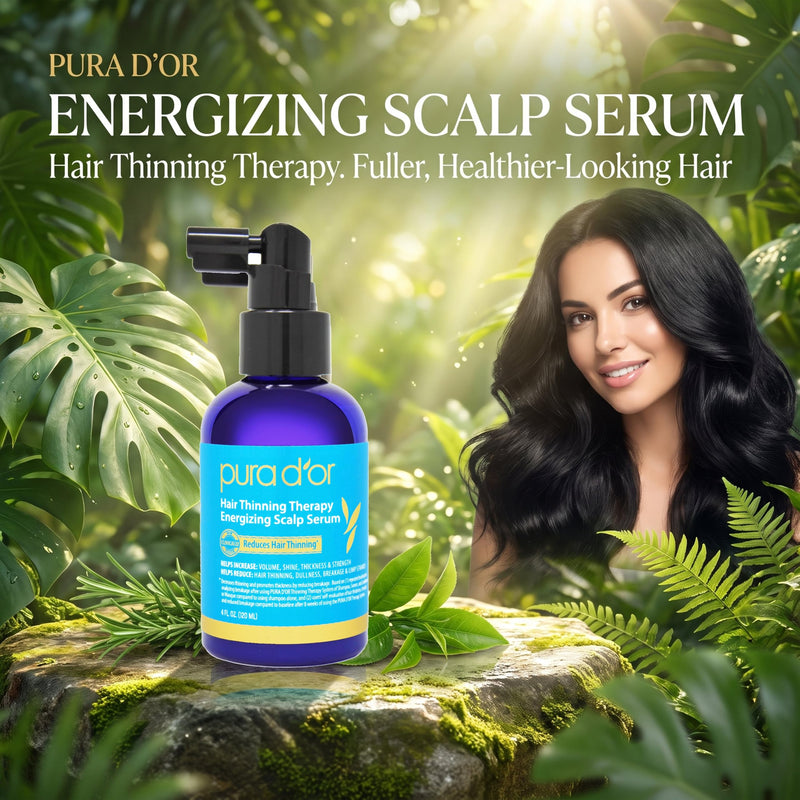 PURA D'OR Hair Thinning Therapy Energizing Scalp Serum 4oz w/Copper Tripeptide, Biotin, Caffeine, Plant Stem Cell, Catalase & DHT Balance, Rosemary Green Tea Leaf Extract, All Hair Types, Men Women | Stronger-Looking Roots, Clinically Tested, Caffeine,...