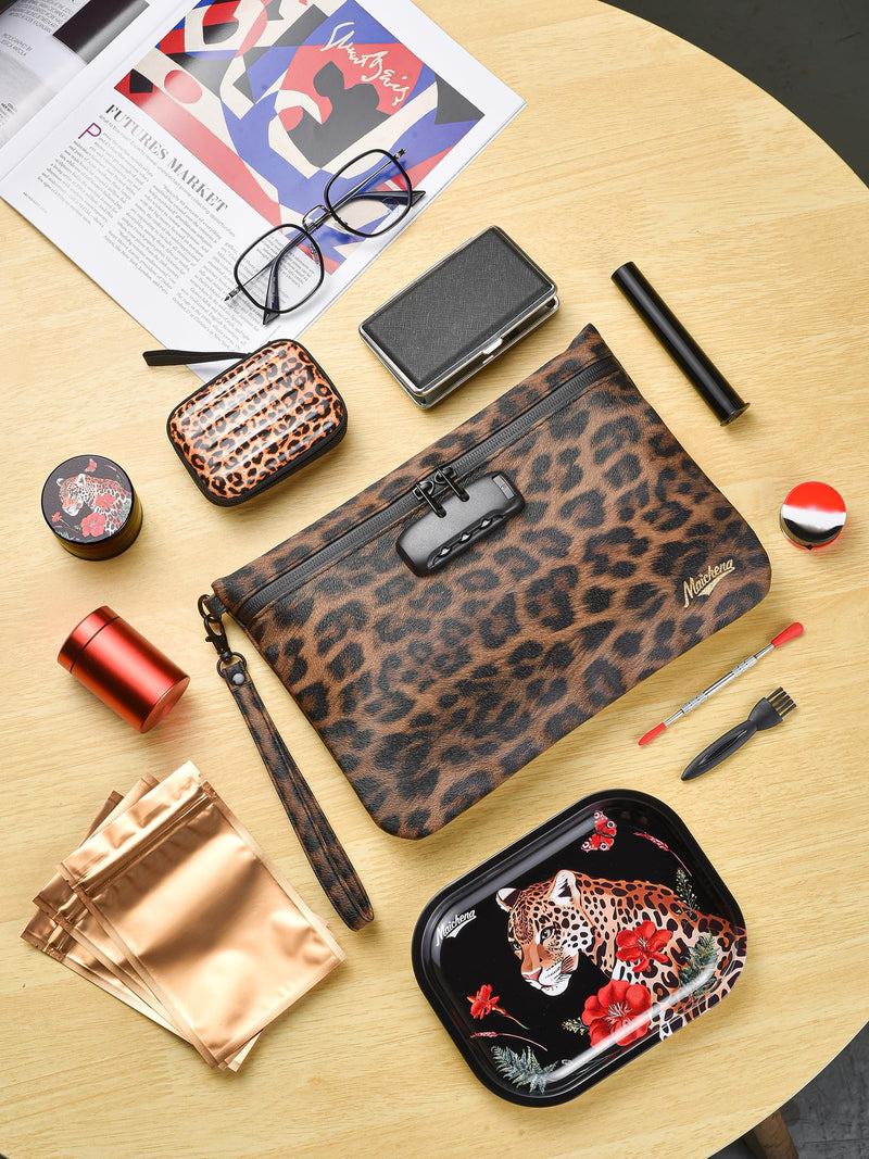 Storage Bag with Combination Lock and Accessories Travel Medicine Bag Container Money Cosmetic Organizer Great Gifts for Women Leopard