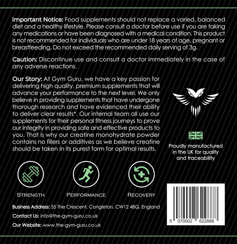 Gym Guru® Creatine Monohydrate Capsules, 240 Tablets, 3000mg, UK Made | Micronized Creatine Tablets, Pure Creatine Capsules, Vegan Creatine for Women and Men, 60 Servings, Strength and Performance
