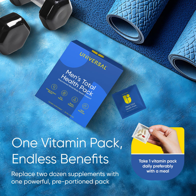 Universal U Men's Total Health Vitamin Packs — 22+ Vitamins, Minerals & Omega-3 Krill Oil with Ashwagandha, Mushroom Blend, AstraGin | Energy, Focus, Heart, Prostate & Gut | 30 Daily Packs