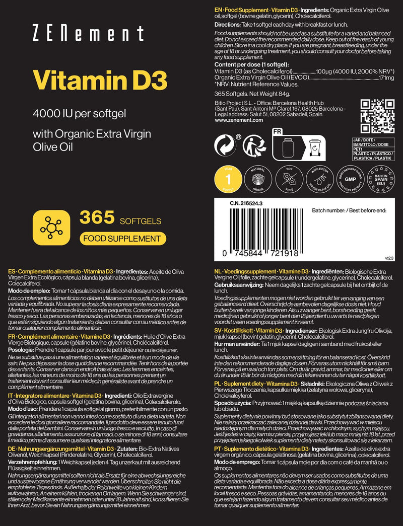 Vitamin D3, 4000 IU per softgel, 365 Softgels | with Organic Extra Virgin Olive Oil | Bones, Muscles and Immune System | Soy Free, Non-GMO | Zenement