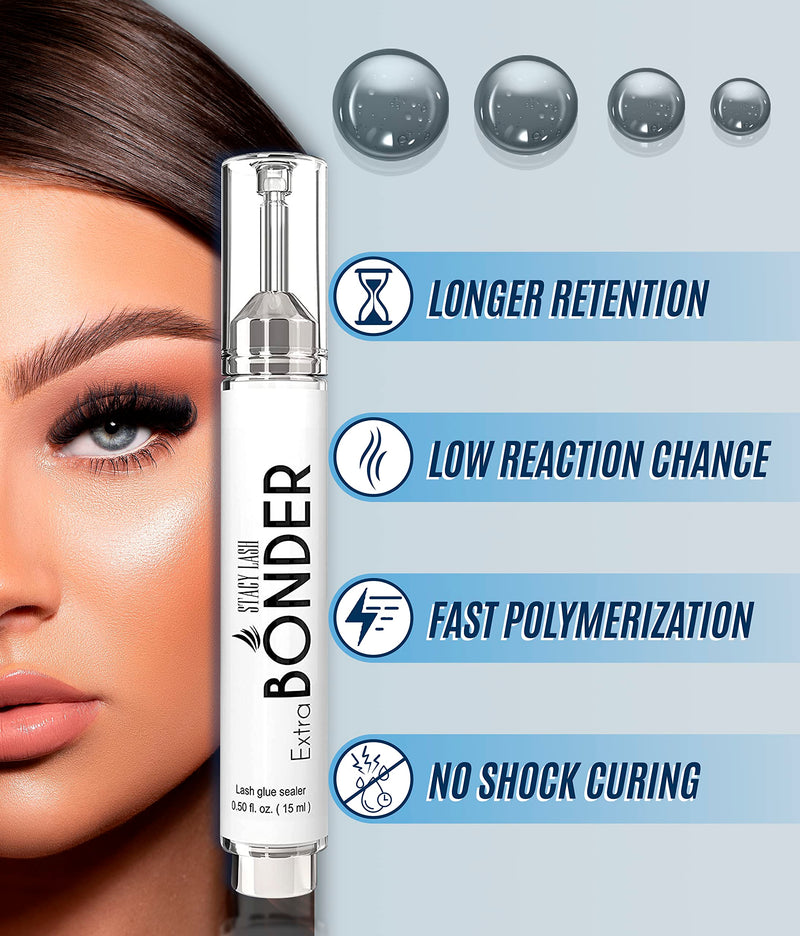Extra Bonder & Stacy Lash STL-12 Curved L-Shaped Tweezers/Super Sealer/Prevents Adhesive Shock Polymerization/Precision Stainless Steel Tool/Angled Tips/Professional Supplies