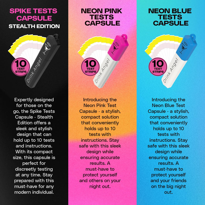 Spike Test Capsule Neon Pink Edition | Clinically Tested Drink Spiking Test Strips | UK Approved & California Compliant | Keyring Capsule with 10 Tests | Nights Out, Clubs, Parties