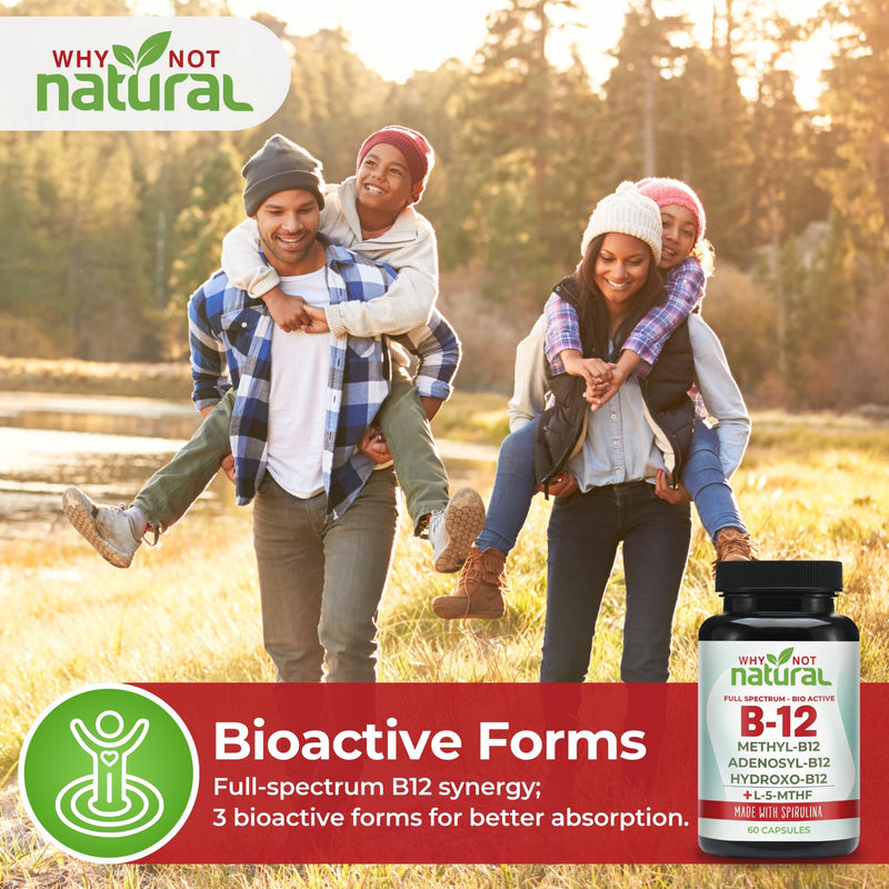 Why Not Natural Vitamin B12 5000 mcg Supplement with Methylcobalamin, Adenosylcobalamin and Hydroxy B12 Complex with Methylfolate 1000 mcg, L-5-MTHF, Made with Spirulina