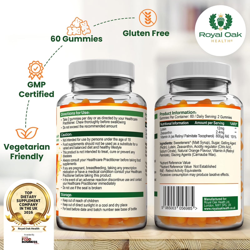 Lutein & Zeaxanthin Gummies 12mg + 2.4mg with Vitamin A 800µg | Vision Support Eye Complex | Natural Orange Flavour | Plant Based Pectin | Vegetarian | 60 Gummies | UK Made | GMP Certified Lutein & Zeaxanthin Gummies