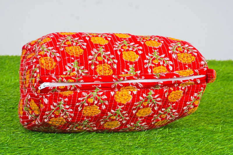 Generic Set of 3 Pieces Indian Handmade Cotton Quilted Handmade Floral Hand Block Print Toiletry Bag,Cosmetic Pouch Bag Makeup Bag For Women (Cotton, Orange), 44999