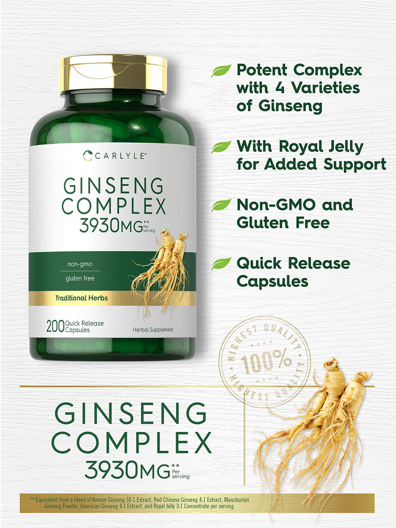 Carlyle Ginseng Complex Capsules | 200 Count | Non-GMO and Gluten Free Extract | Traditional Herbal Root Supplement