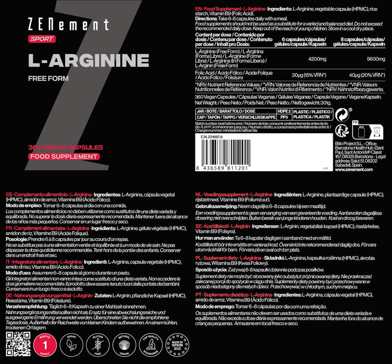 L-Arginine 5600mg Daily Dose Free Form – with Vitamin B9 – 100% Pure Amino Acid – 360 Vegan Capsules – Zenement