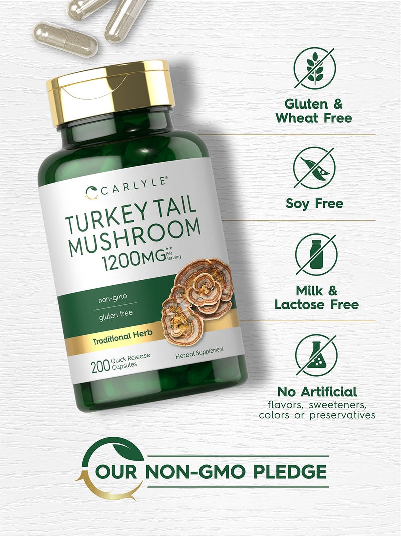 [Australia] - Carlyle Turkey Tail Mushroom Capsules | 1200mg | 200 Count | Non-GMO & Gluten Free Extract 